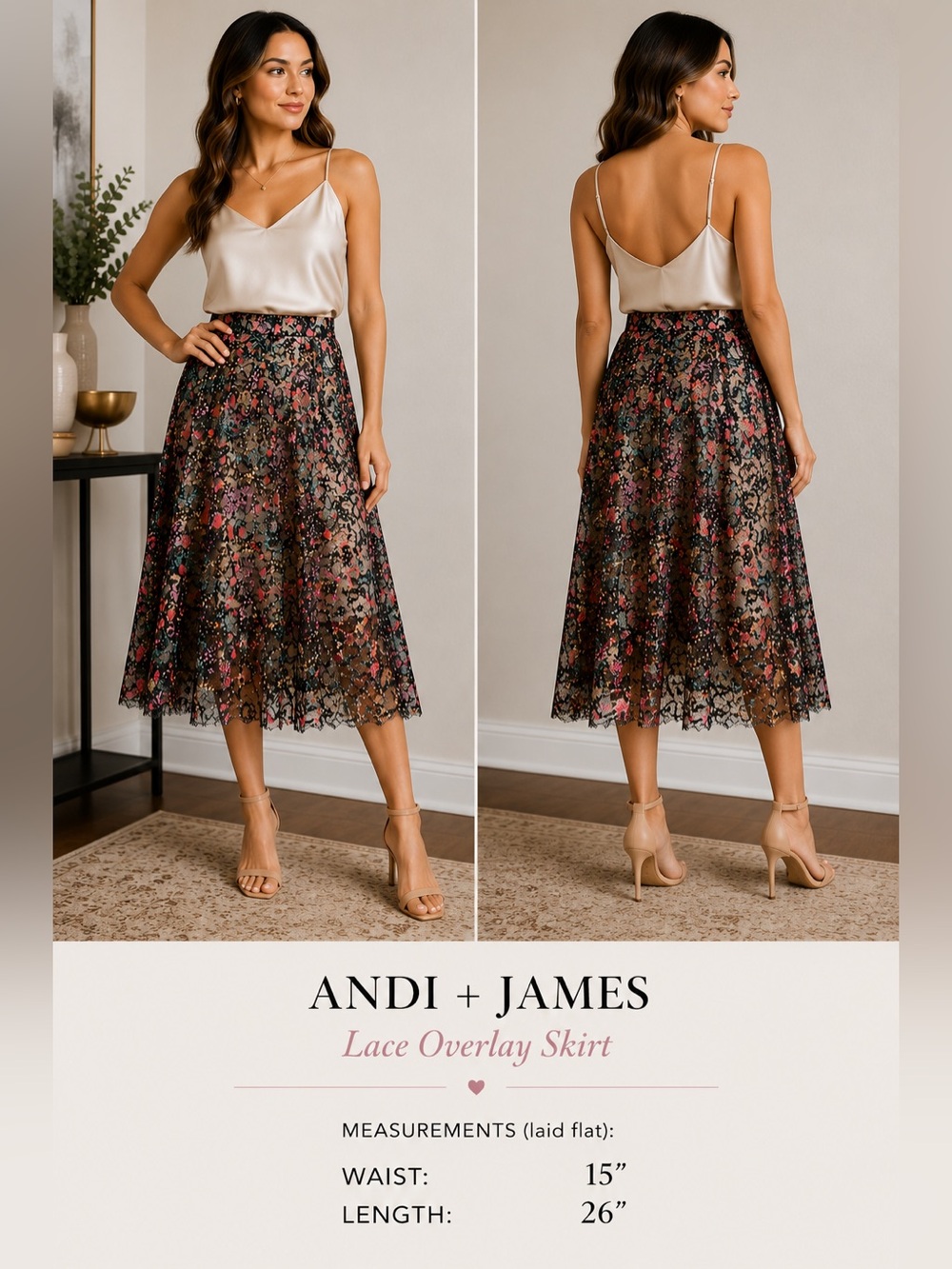 Andi + James Black Multi Floral Lace Midi Skirt Size Medium